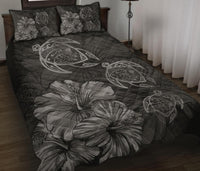 Hawaiian Map Turtle Hibiscus Vintage Polynesian Quilt Bedding Set Gray - Polynesian Pride