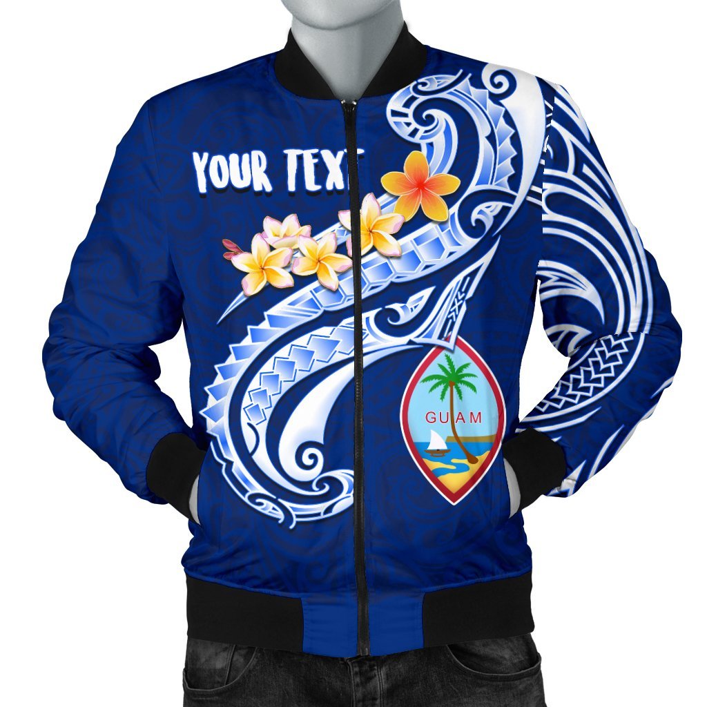 Guam Personalised Men's Bomber Jacket - Guam Seal Polynesian Patterns Plumeria (Blue) Blue - Polynesian Pride