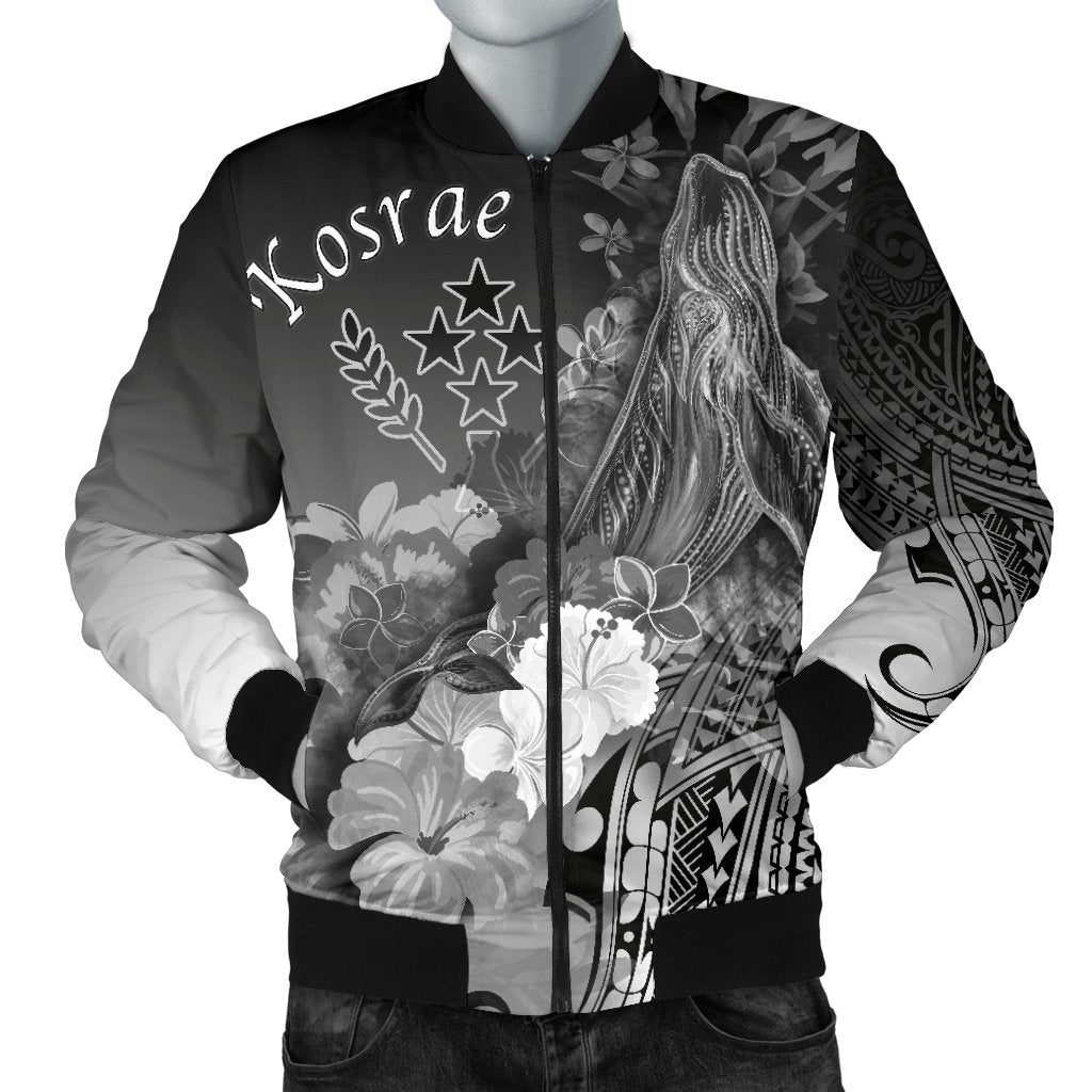 Kosrae Men's Bomber Jacket - Humpback Whale with Tropical Flowers (White) White - Polynesian Pride