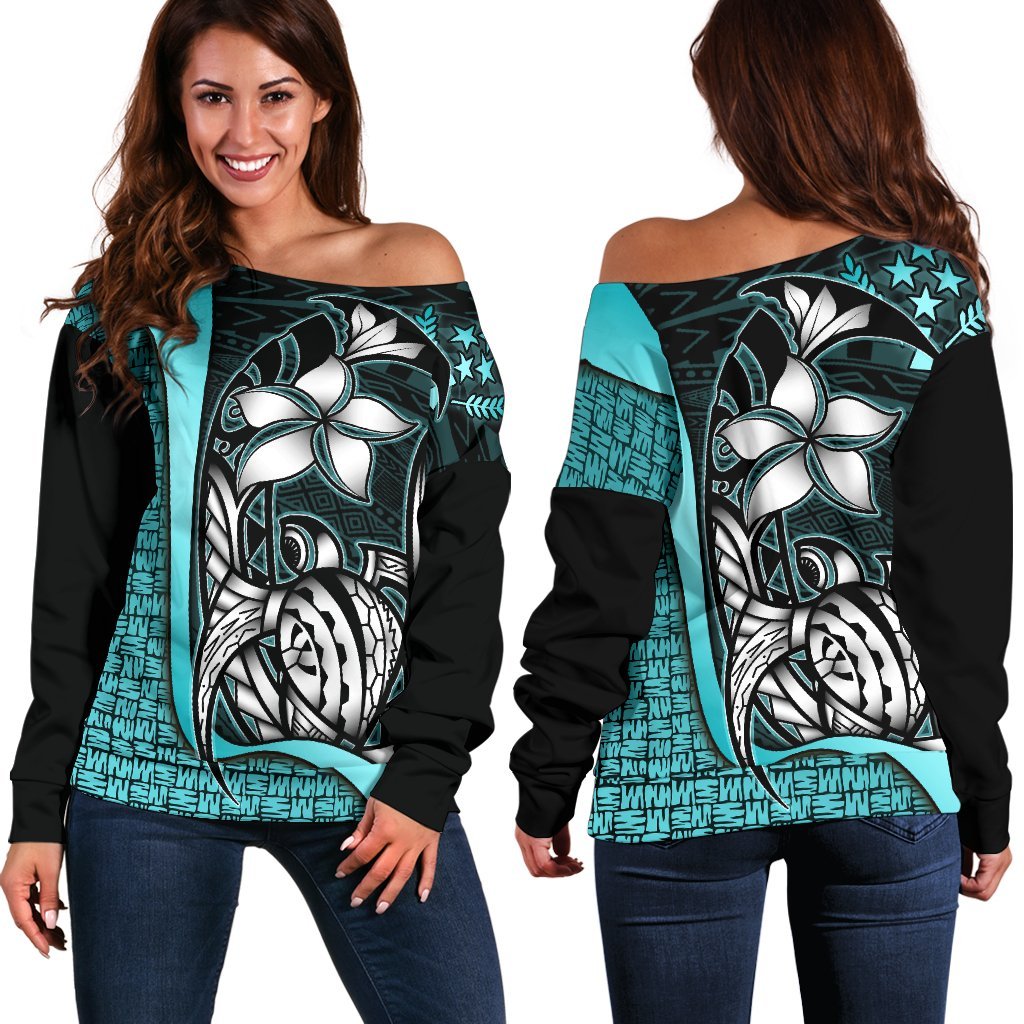 Kosrae Micronesia Women Off Shoulder Sweater Turquoise - Turtle With Hook Turquoise - Polynesian Pride