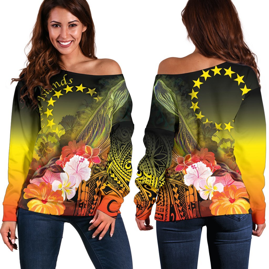 Cook Islands Women's Off Shoulder Sweaters - Humpback Whale with Tropical Flowers (Yellow) Yellow - Polynesian Pride