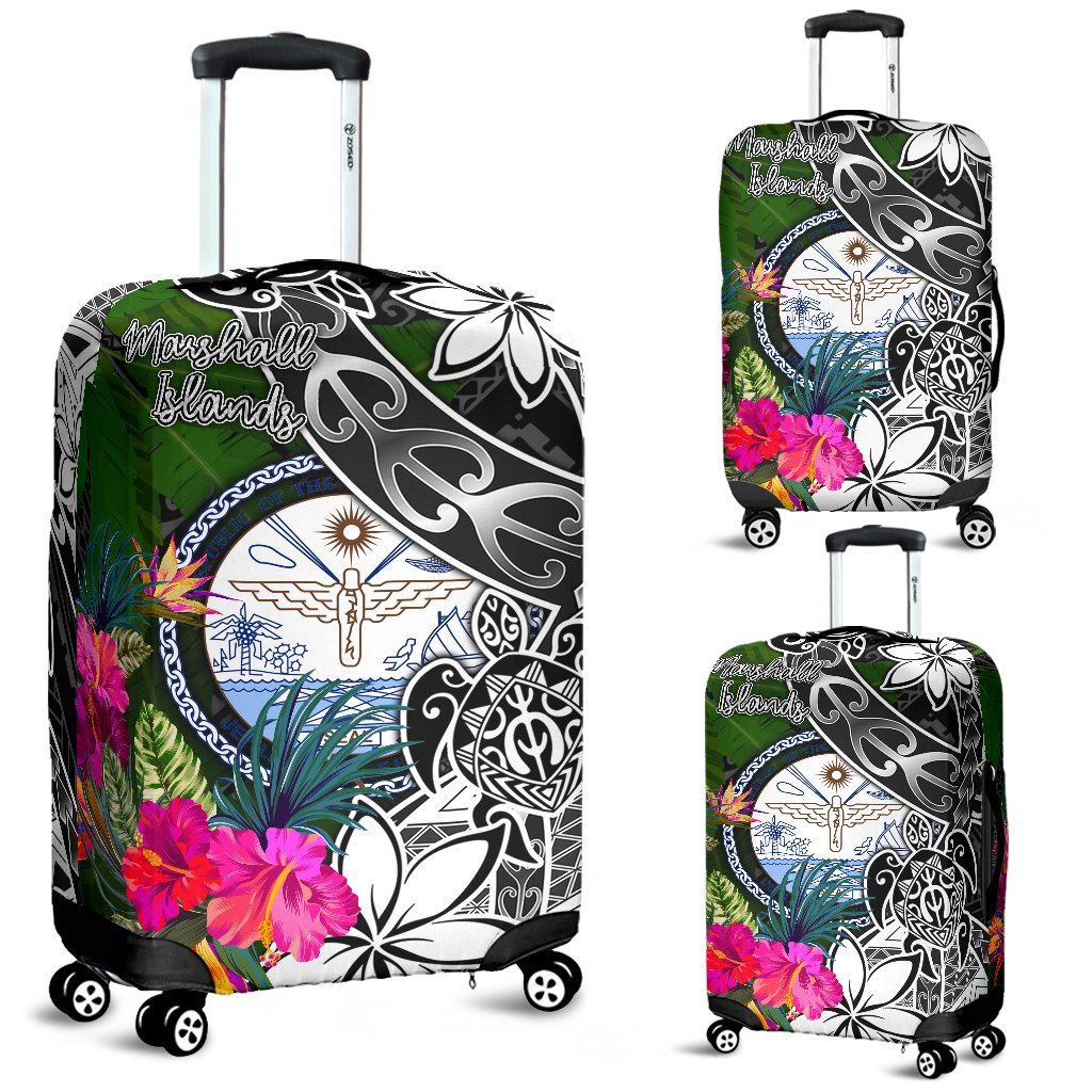 Marshall Islands Luggage Covers - Turtle Plumeria Banana Leaf Crest Black - Polynesian Pride