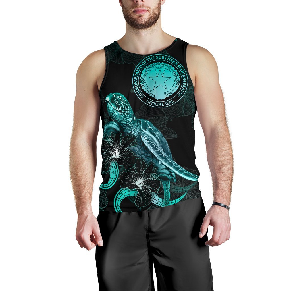 CNMI Polynesian Men Tank Top - Turtle With Blooming Hibiscus Tuquoise - Polynesian Pride