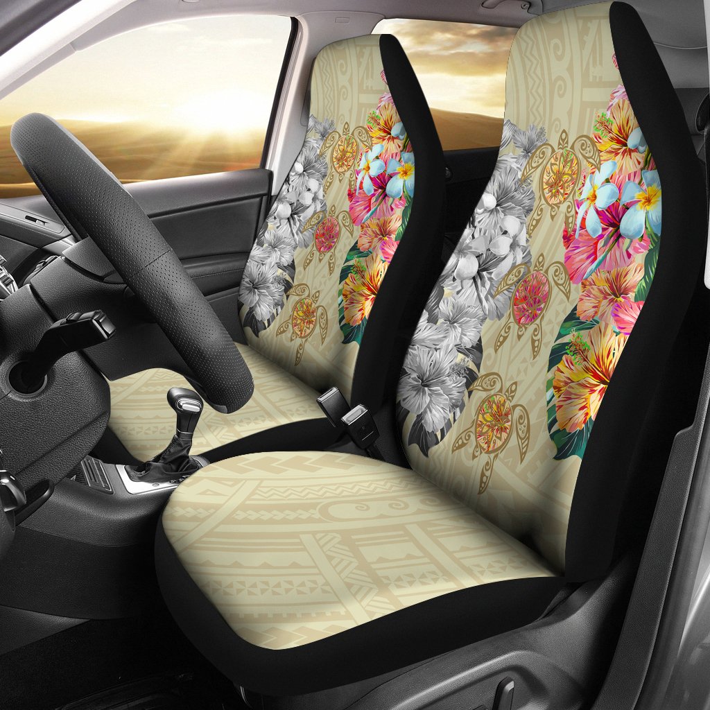 Hawaii Polynesian Flowers Swimming Turtles Car Seat Covers Universal Fit Beige - Polynesian Pride