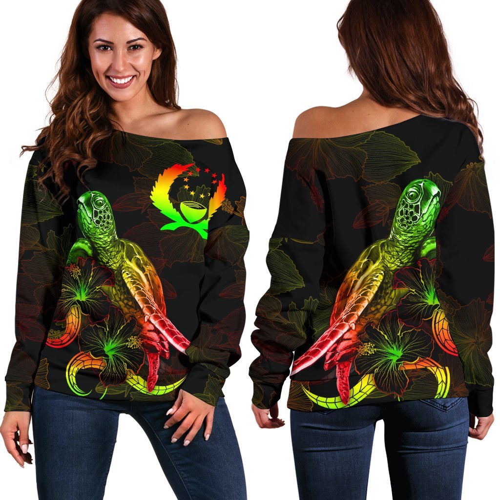 Pohnpei Polynesian Women's Off Shoulder Sweater - Turtle With Blooming Hibiscus Reggae Art - Polynesian Pride