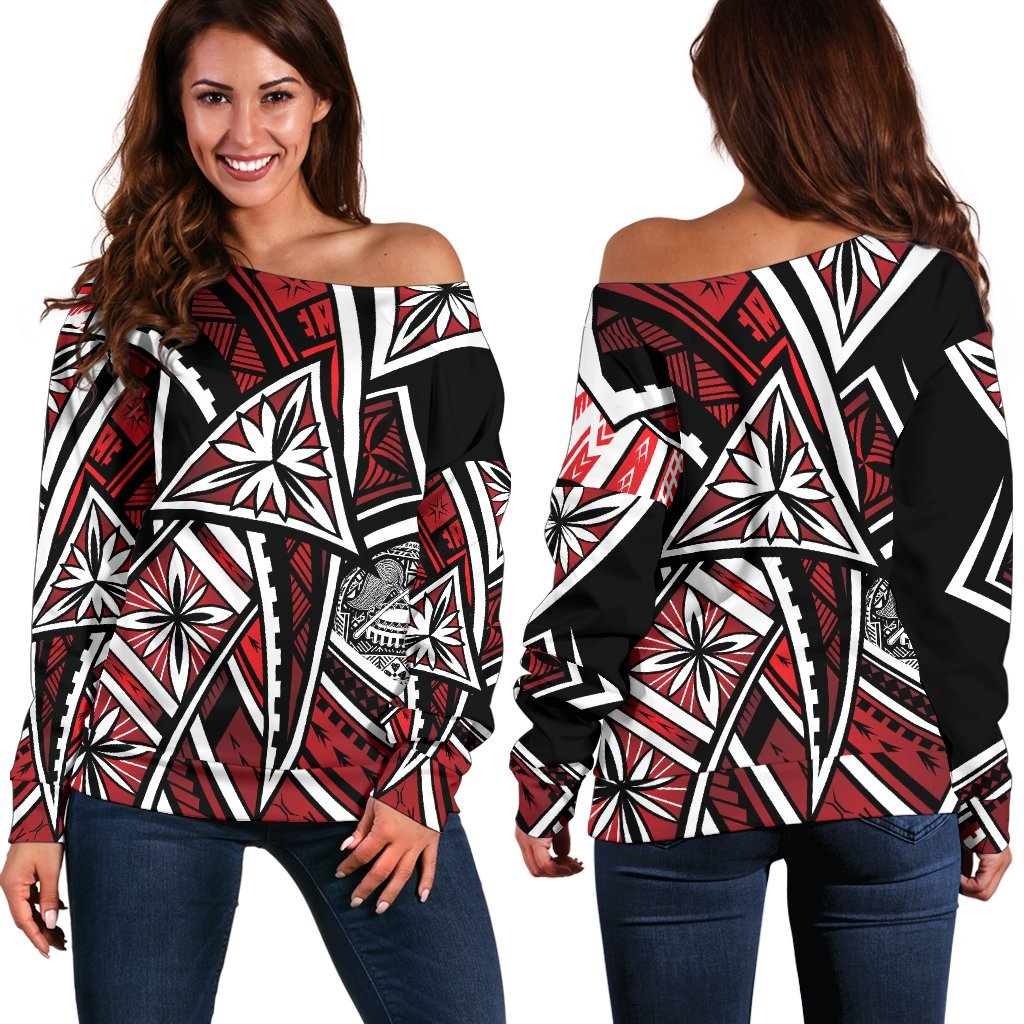 American Samoa Women's Off Shoulder Sweaters - Tribal Flower Special Pattern Red Color Red - Polynesian Pride