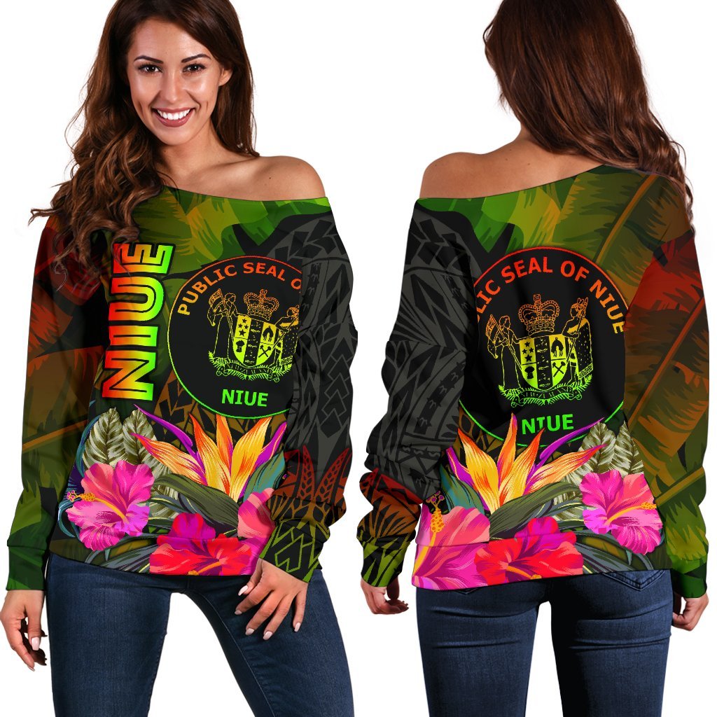 Niue Polynesian Off Shoulder Sweater - Hibiscus and Banana Leaves Art - Polynesian Pride