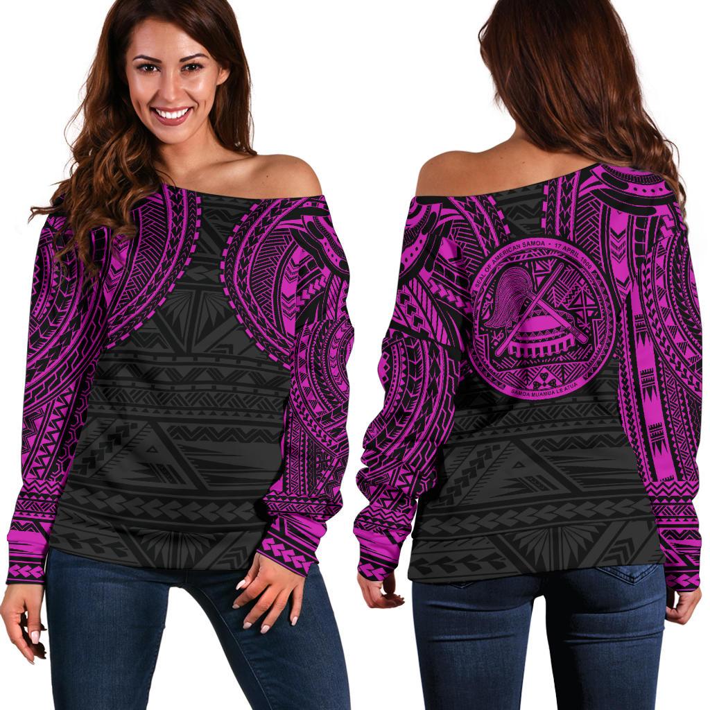 American Samoa Women's Off Shoulder Sweater - Pink Tattoo 2nd Version Purple - Polynesian Pride