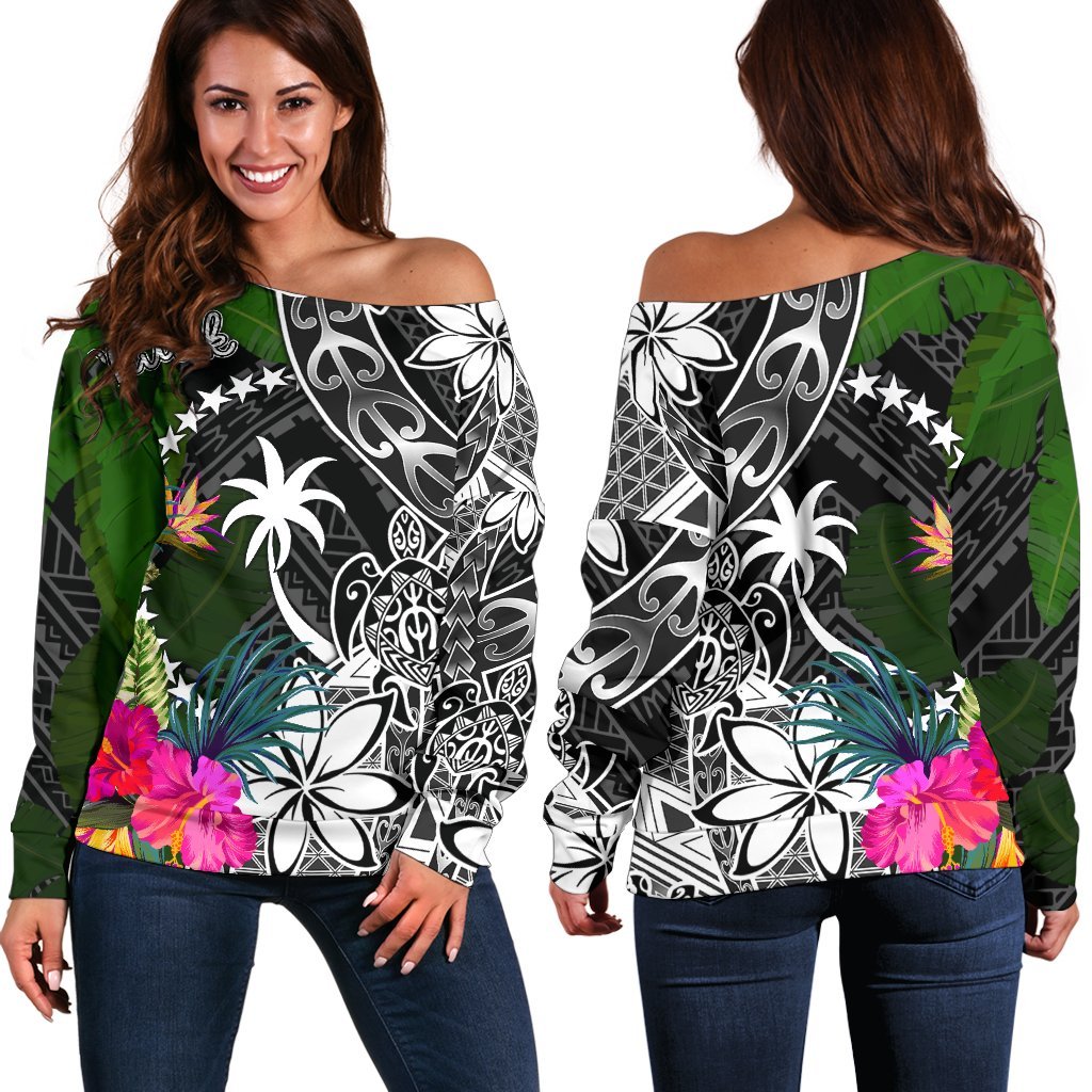 Chuuk Off Shoulder Sweater - Turtle Plumeria Banana Leaf Black - Polynesian Pride