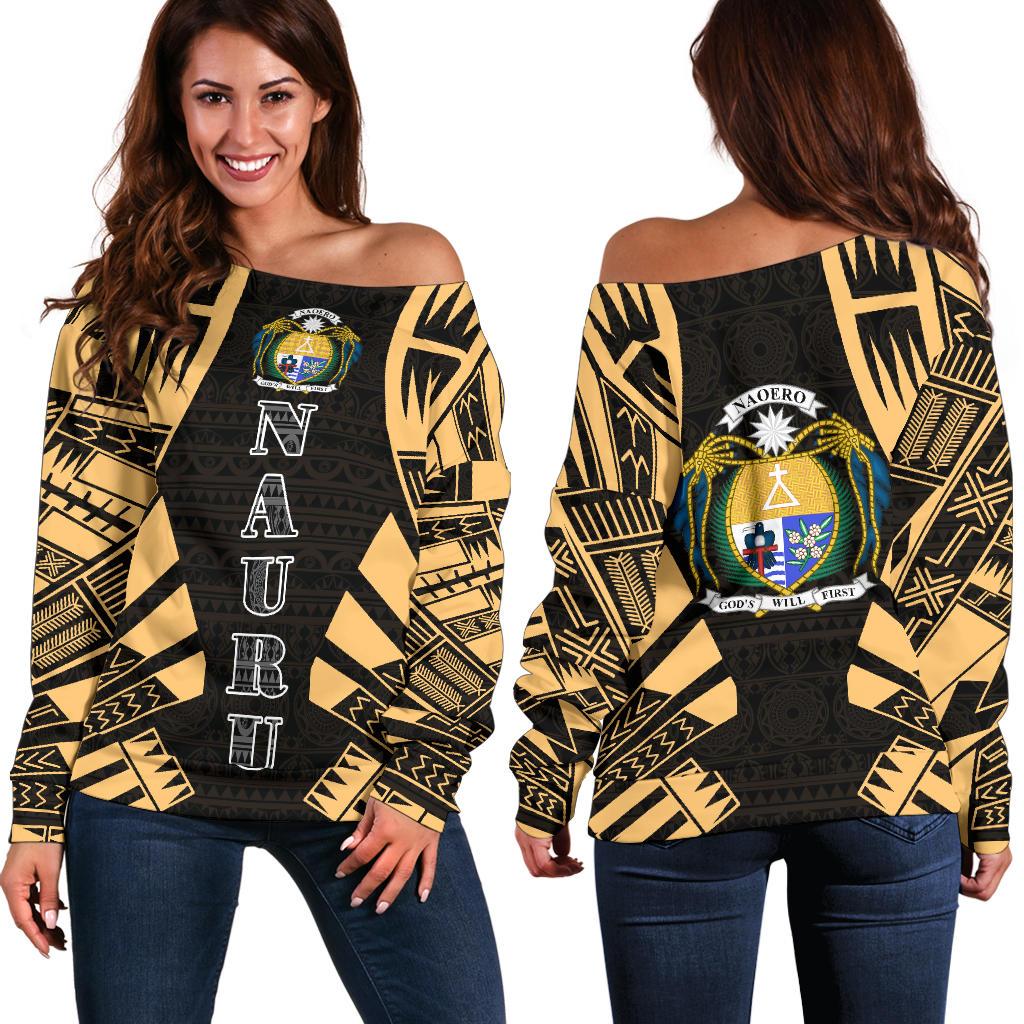 Nauru Women's Off Shoulder Sweater - Polynesian Tattoo Gold Gold - Polynesian Pride