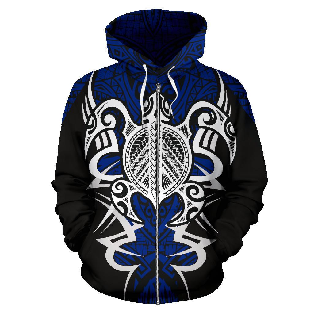 Hawaii Turtle Tribal Blue Zip up Hoodie Armor Style - Polynesian Pride