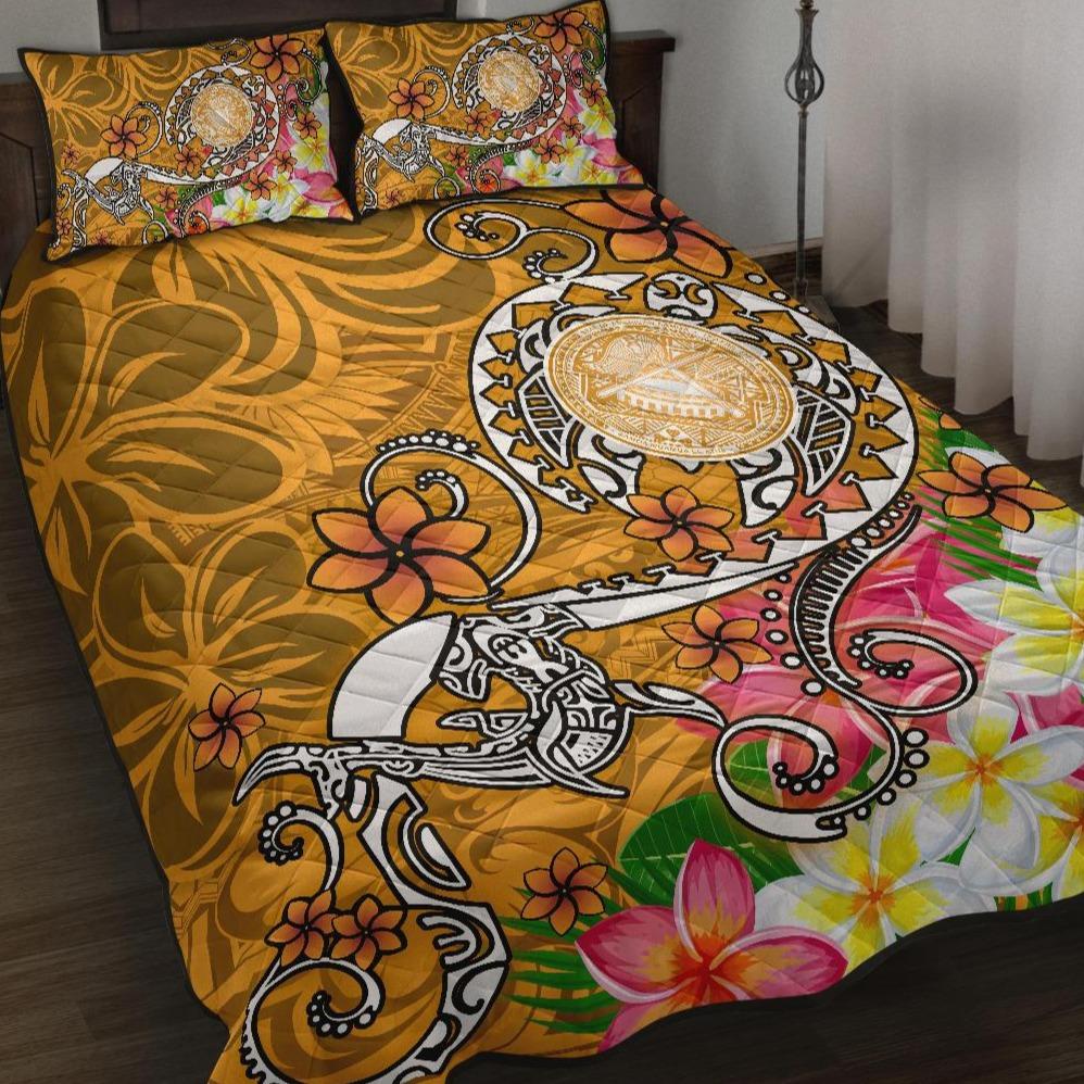 American Samoa Polynesian Quilt Bed Set - Turtle Plumeria (Gold) Gold - Polynesian Pride