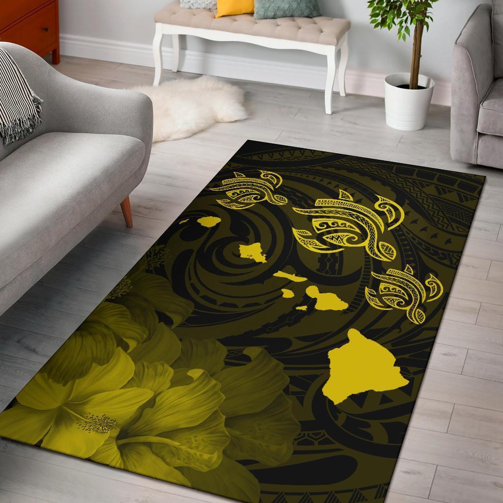 Hawaii Turtle Hibiscus Map Polynesian Area Rug AH Rug Yellow - Polynesian Pride