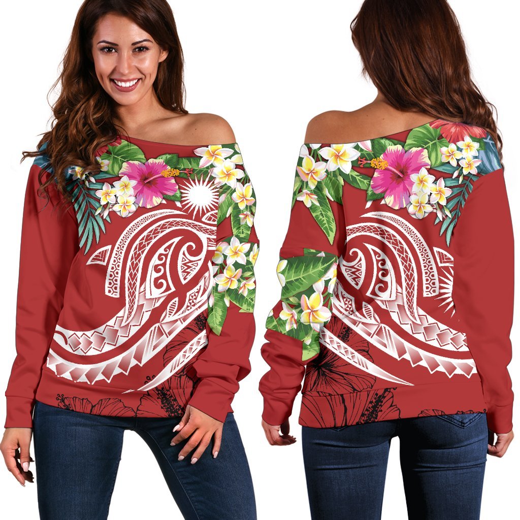 Marshall Islands Polynesian Off Shoulder Sweater - Summer Plumeria (Red) Red - Polynesian Pride