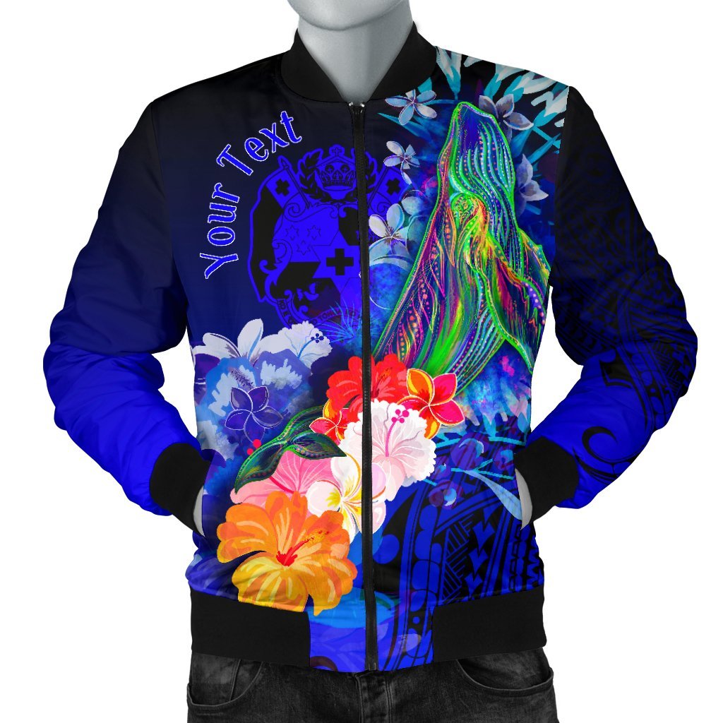 Tonga Custom Personalised Men's Bomber Jacket - Humpback Whale with Tropical Flowers (Blue) Blue - Polynesian Pride