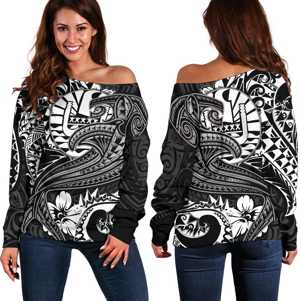 Tahiti Women's Off Shoulder Sweater - White Shark Polynesian Tattoo White - Polynesian Pride