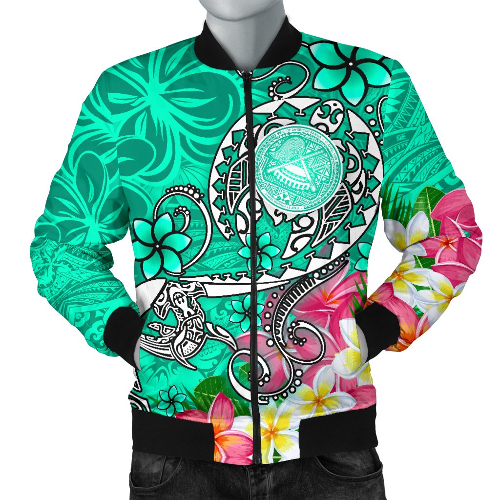 American Samoa Polynesian Men's Bomber Jacket - Turtle Plumeria (Turquoise) Turquoise - Polynesian Pride