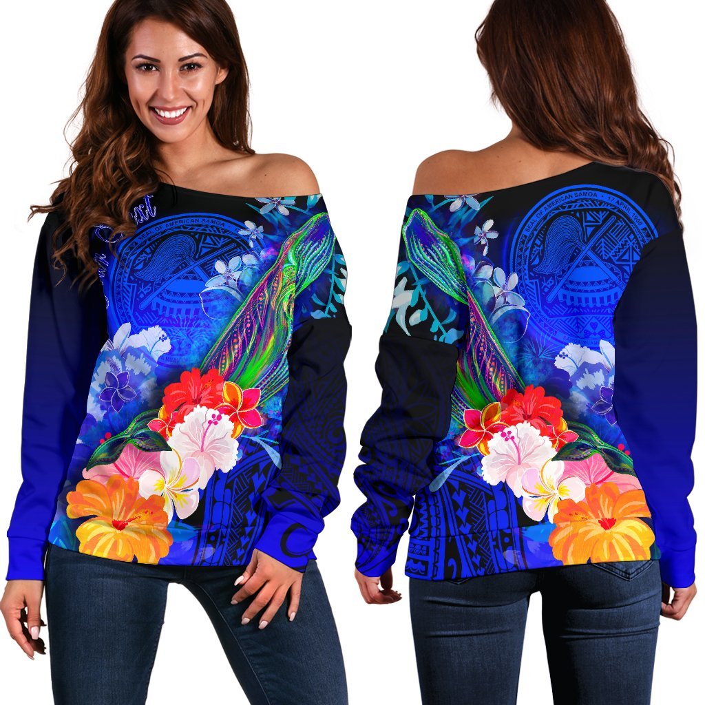 American Samoa Polynesian Custom Personalised Women's Off Shoulder Sweater - Humpback Whale with Tropical Flowers (Blue) Blue - Polynesian Pride