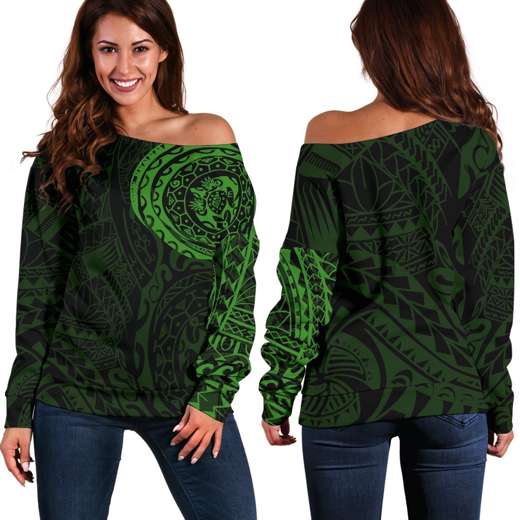 Polynesian Tattoo Style Off Shoulder Sweater Green A7 Art - Polynesian Pride