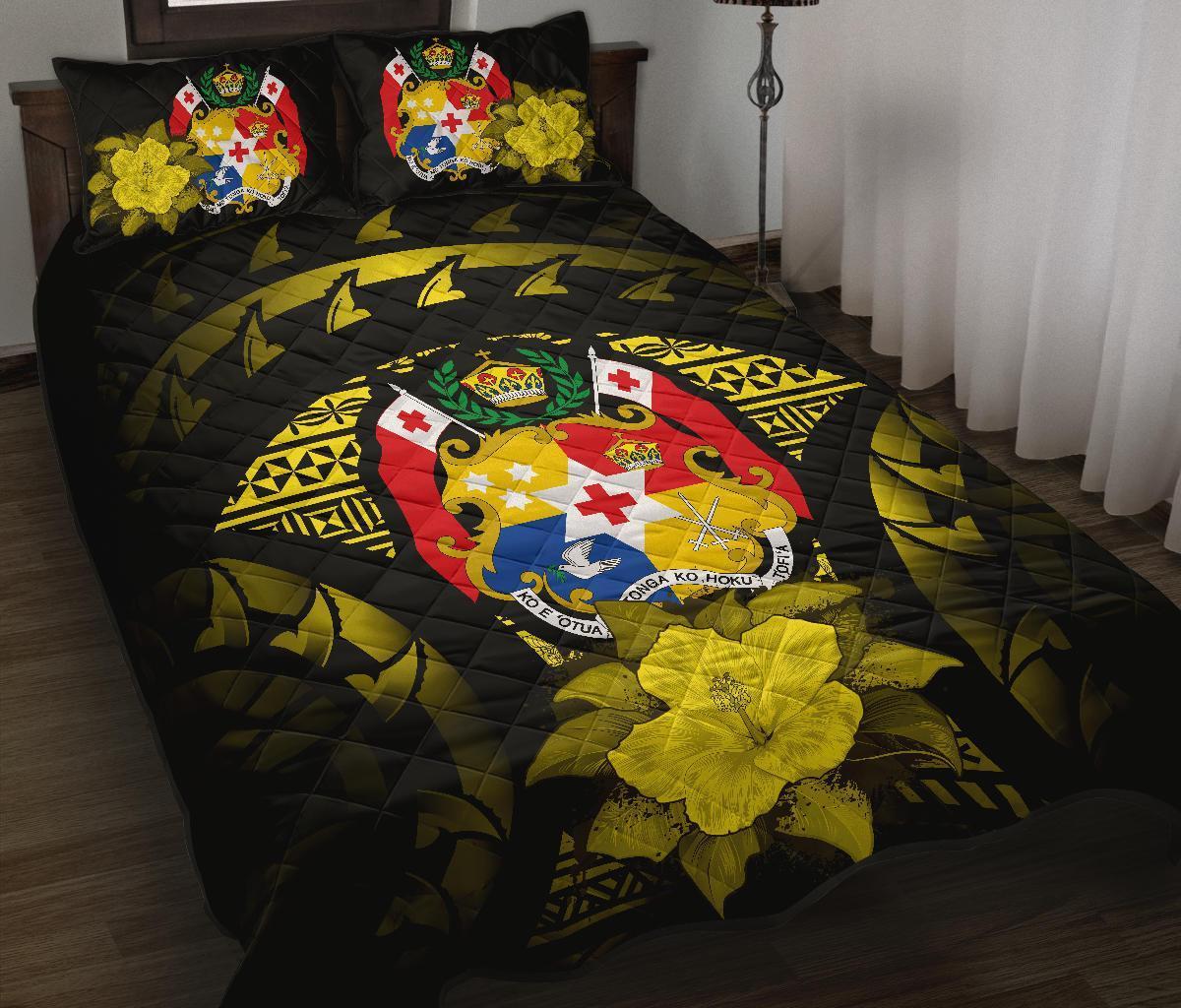 Tonga Polynesian Quilt Bed Set Hibiscus Yellow Black - Polynesian Pride