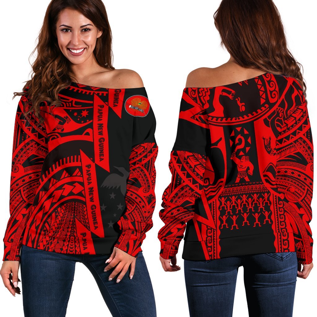 Polynesian Guinea Women's Off Shoulder - Moana Maui Tattoo With Coat Of Arm Guinea Red Red - Polynesian Pride