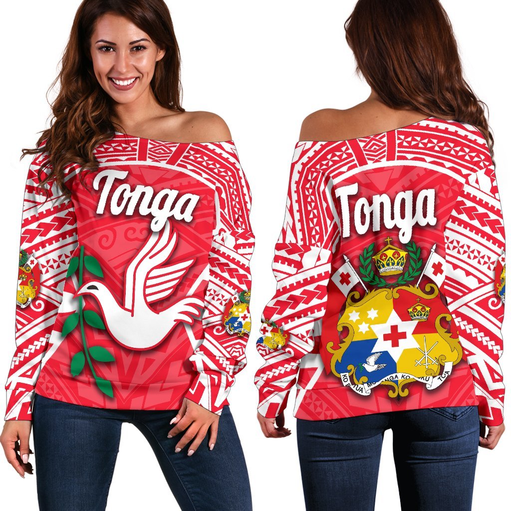 Tonga Women Off Shoulder Sweater Rugby Style Red - Polynesian Pride