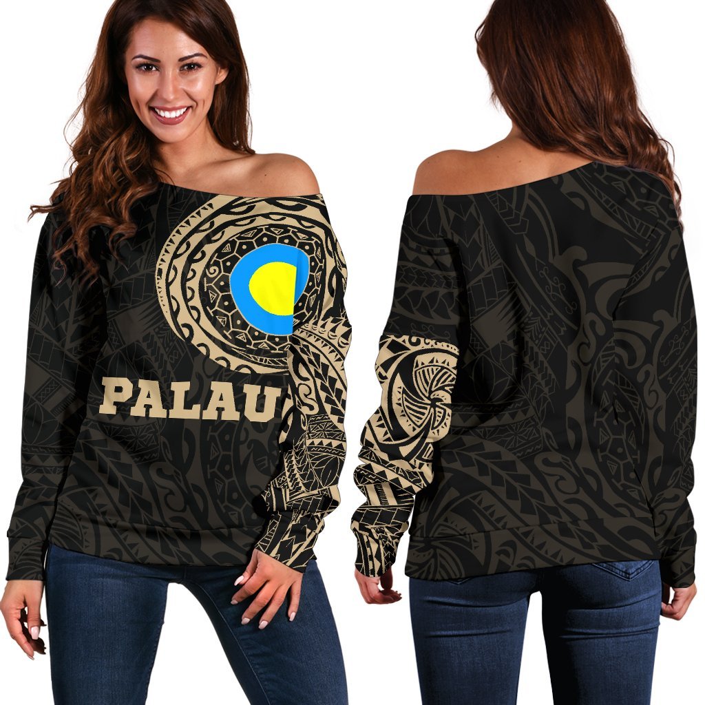 Palau Polynesian Tattoo Style Off Shoulder Sweater A7 Black - Polynesian Pride