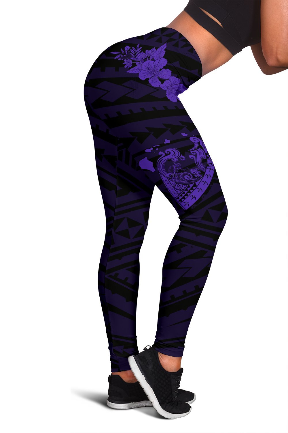 Hawaii Hibiscus Banzai Surfing Women's Legging Purple Black - Polynesian Pride