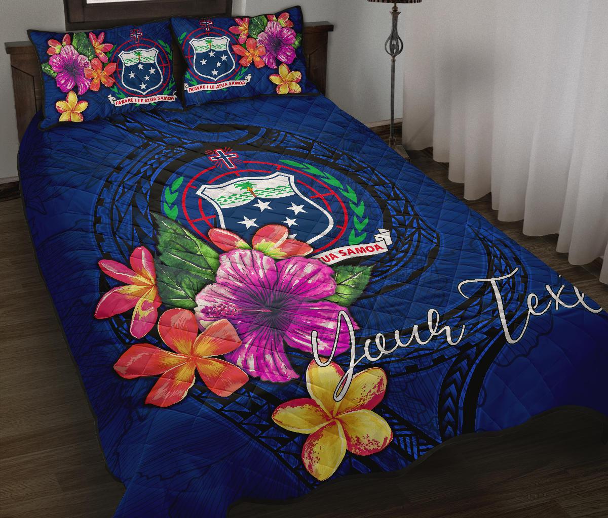 Samoa Polynesian Custom Personalised Quilt Bed Set - Floral With Seal Blue Blue - Polynesian Pride