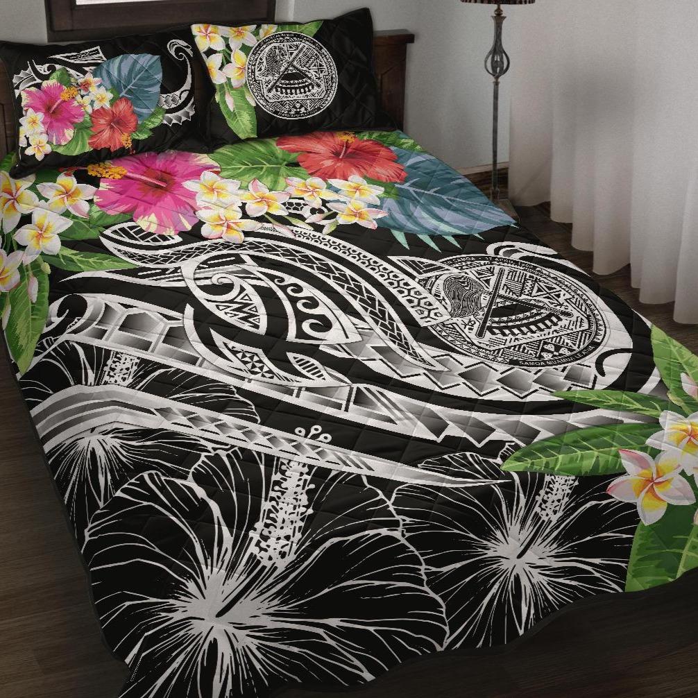 Polynesian American Samoa Quilt Bed Set - Summer Plumeria (Black) Black - Polynesian Pride