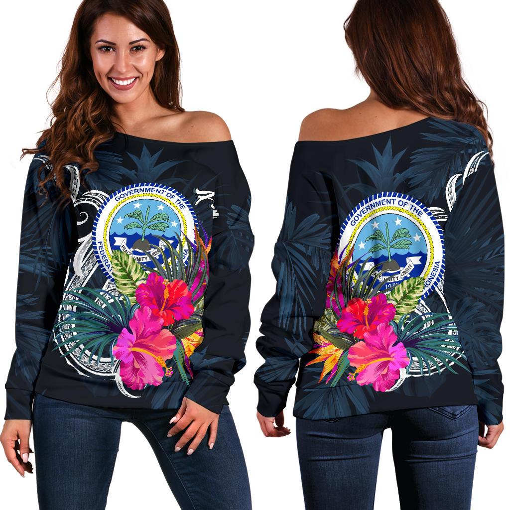 Federated States of Micronesia Women's Off Shoulder Sweater - Tropical Flower Blue - Polynesian Pride