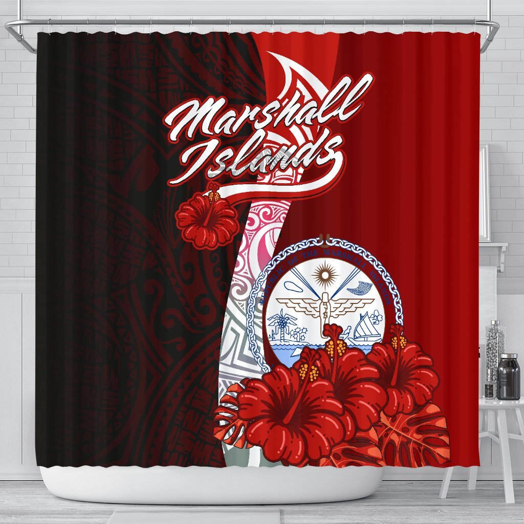 Marshall Islands Polynesian Shower Curtain - Coat Of Arm With Hibiscus 177 x 172 (cm) Red - Polynesian Pride