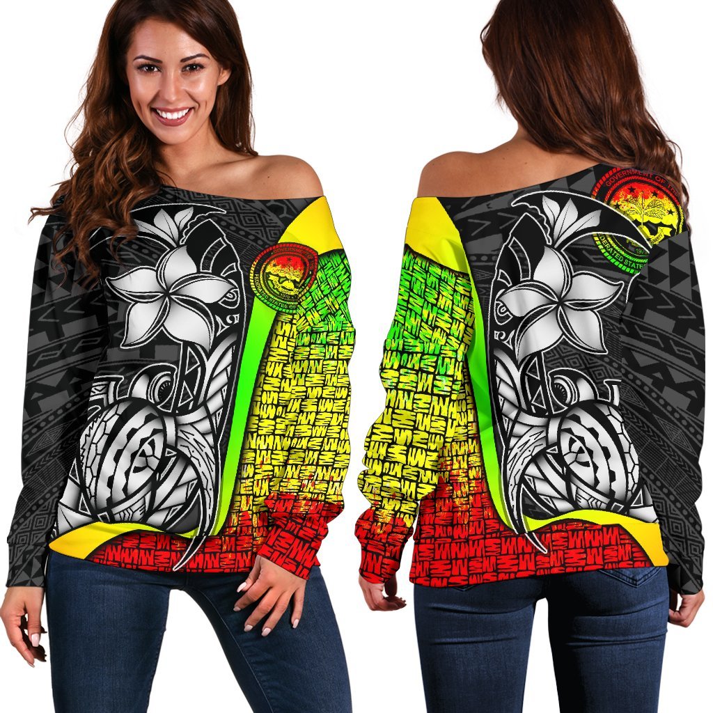 Federated States of Micronesia Women Off Shoulder Sweater Reggae - Turtle With Hook Art - Polynesian Pride