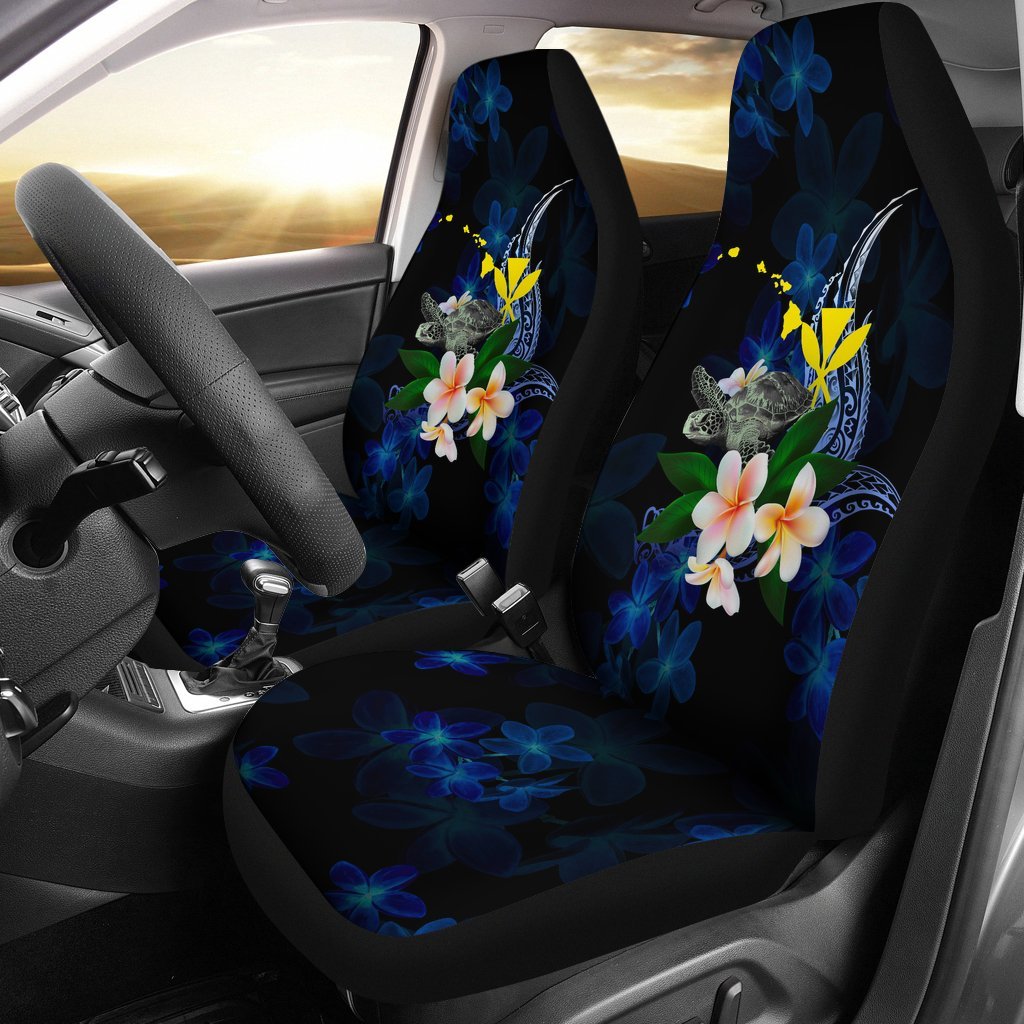 Polynesian Hawaii Car Seat Covers - Turtle With Plumeria Flowers Universal Fit Blue - Polynesian Pride