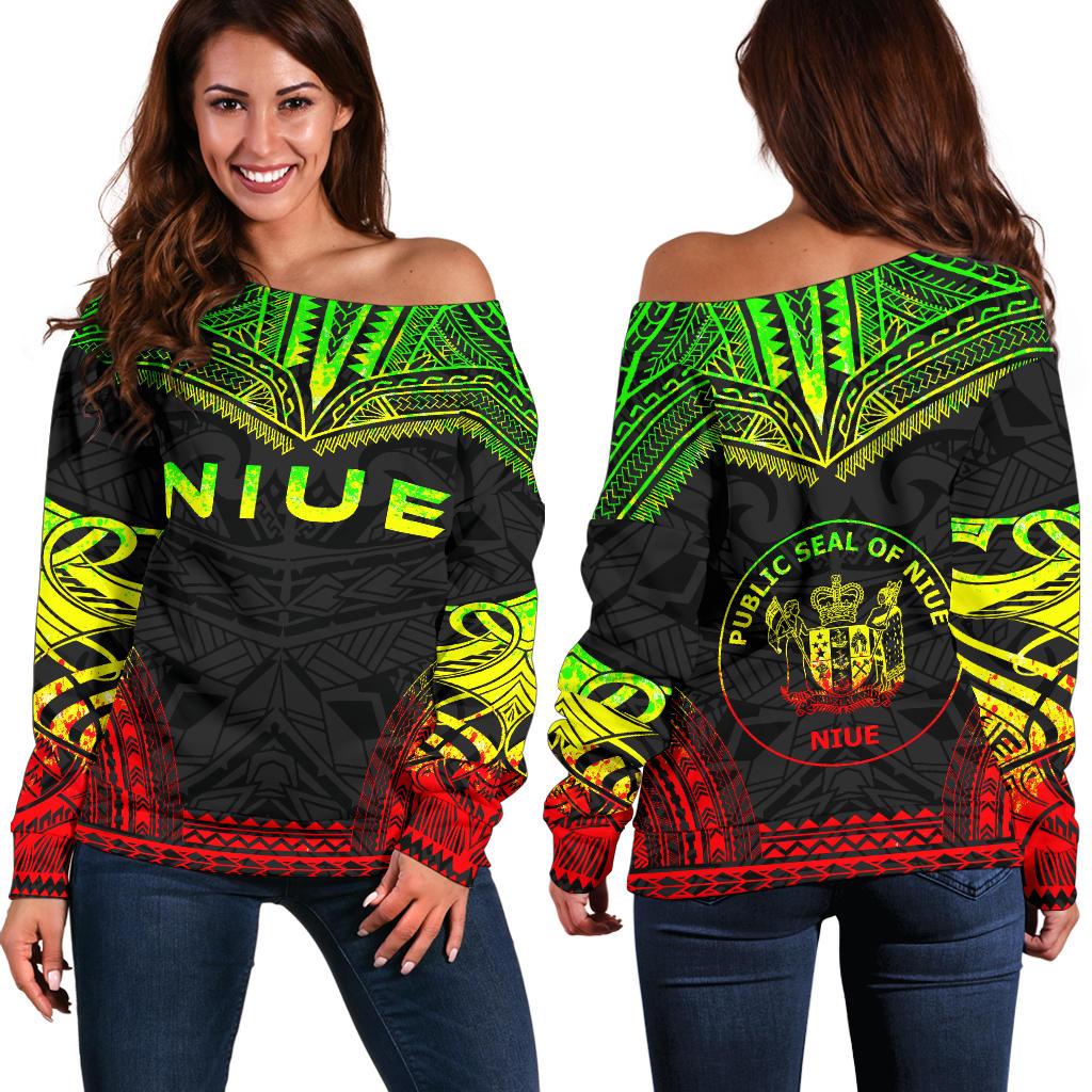 Niue Polynesian Chief Women's Off Shoulder Sweater - Reggae Version Art - Polynesian Pride