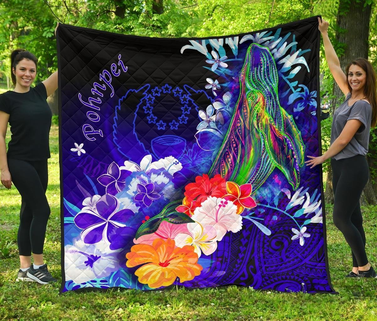 Pohnpei Premium Quilt - Humpback Whale with Tropical Flowers (Blue) Blue - Polynesian Pride