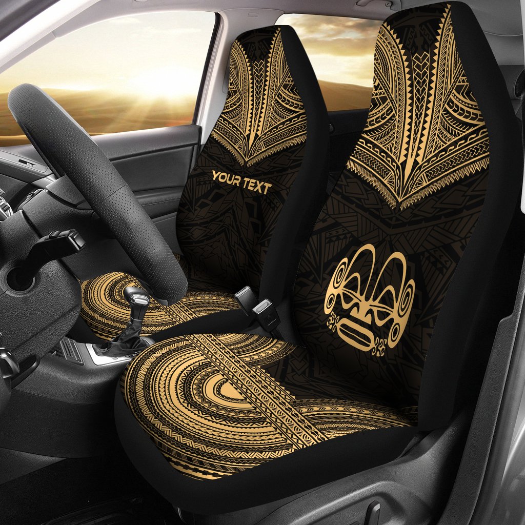 Marquesas Islands Custom Personalised Car Seat Cover - Tiki Face Polynesian Chief Tattoo Gold Version Universal Fit Gold - Polynesian Pride