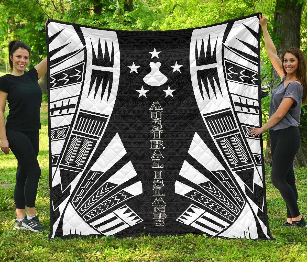 Austral Islands Premium Quilt - Austral Islands Flag Polynesian White Tattoo (Black) Black - Polynesian Pride