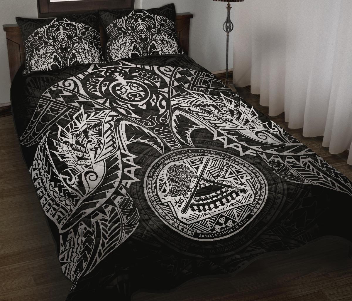 American Samoa Polynesian Quilt Bed Set - Amerian Samoa Seal & White Turtle Manta Ray WHITE - Polynesian Pride