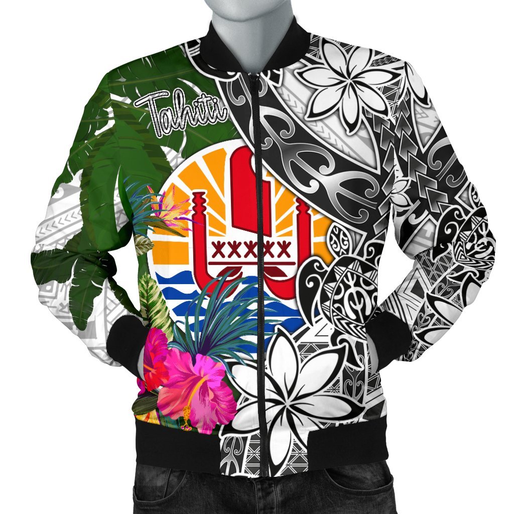 Tahiti Men's Bomber Jacket White - Turtle Plumeria Banana Leaf White - Polynesian Pride