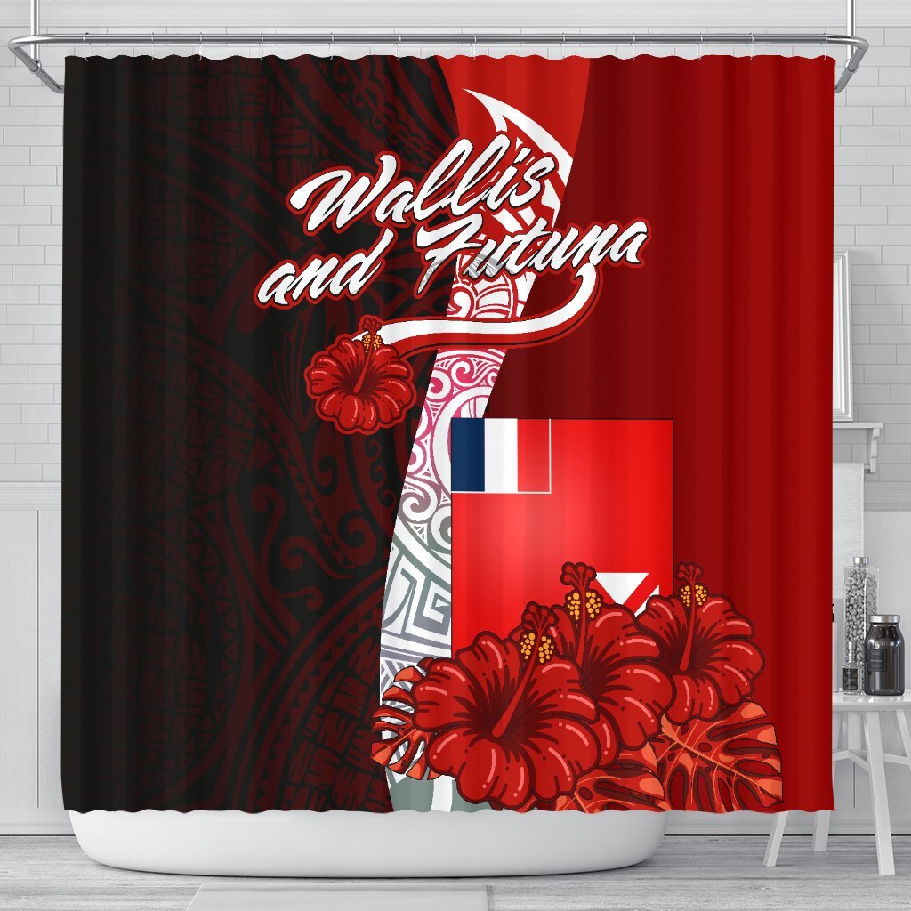 Wallis and Futuna Polynesian Shower Curtain - Coat Of Arm With Hibiscus 177 x 172 (cm) Red - Polynesian Pride