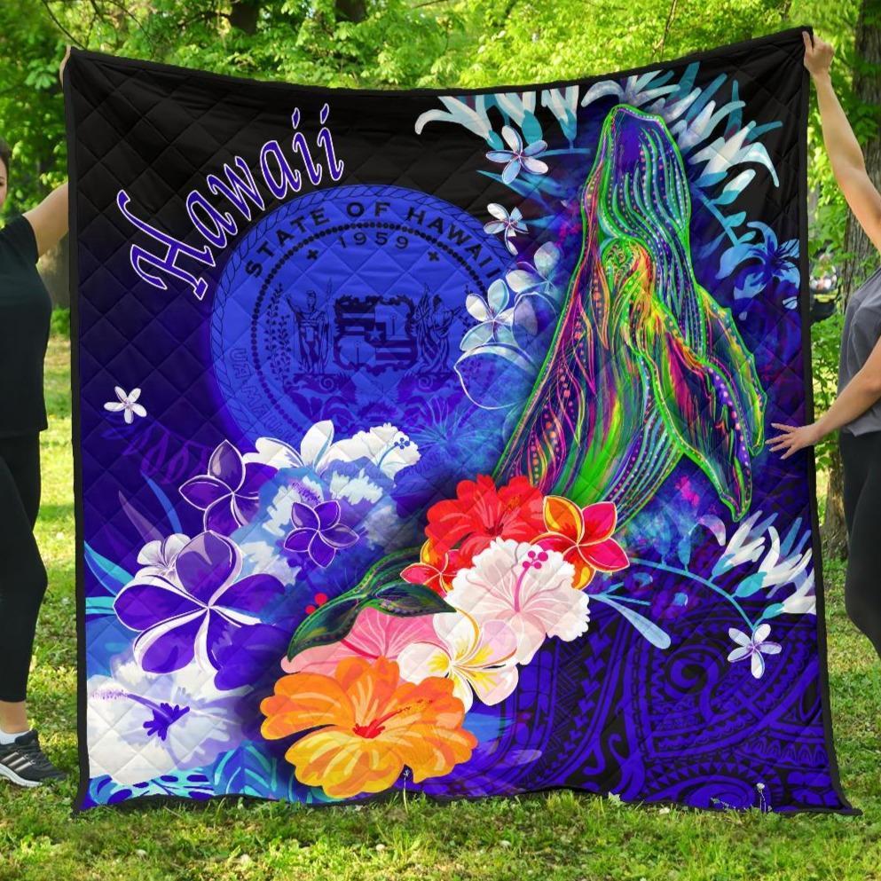 Polynesian Hawaii Premium Quilt - Humpback Whale with Tropical Flowers (Blue) Blue - Polynesian Pride