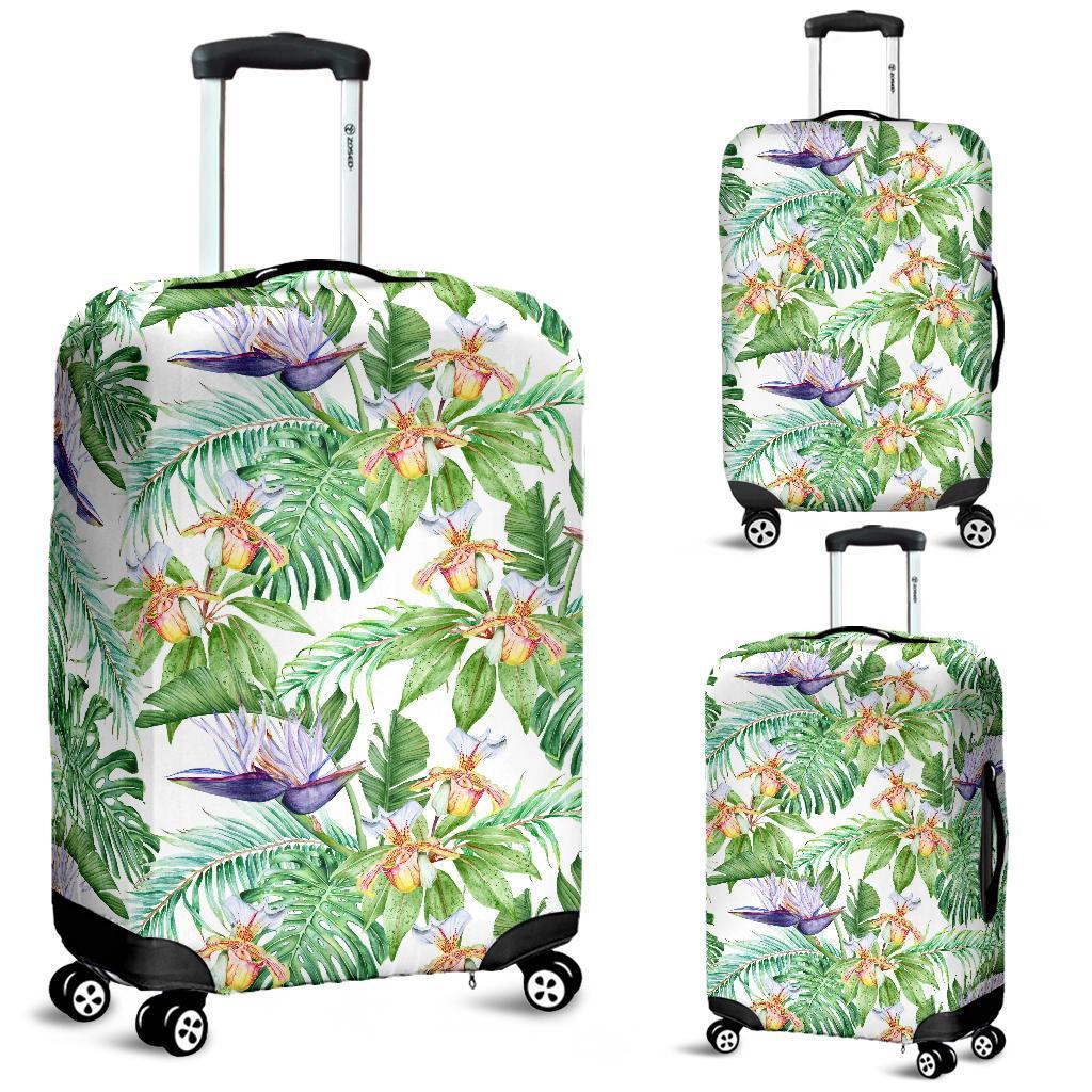 Tropical Orange Orchids Strelitzia Monstera Luggage Cover White - Polynesian Pride