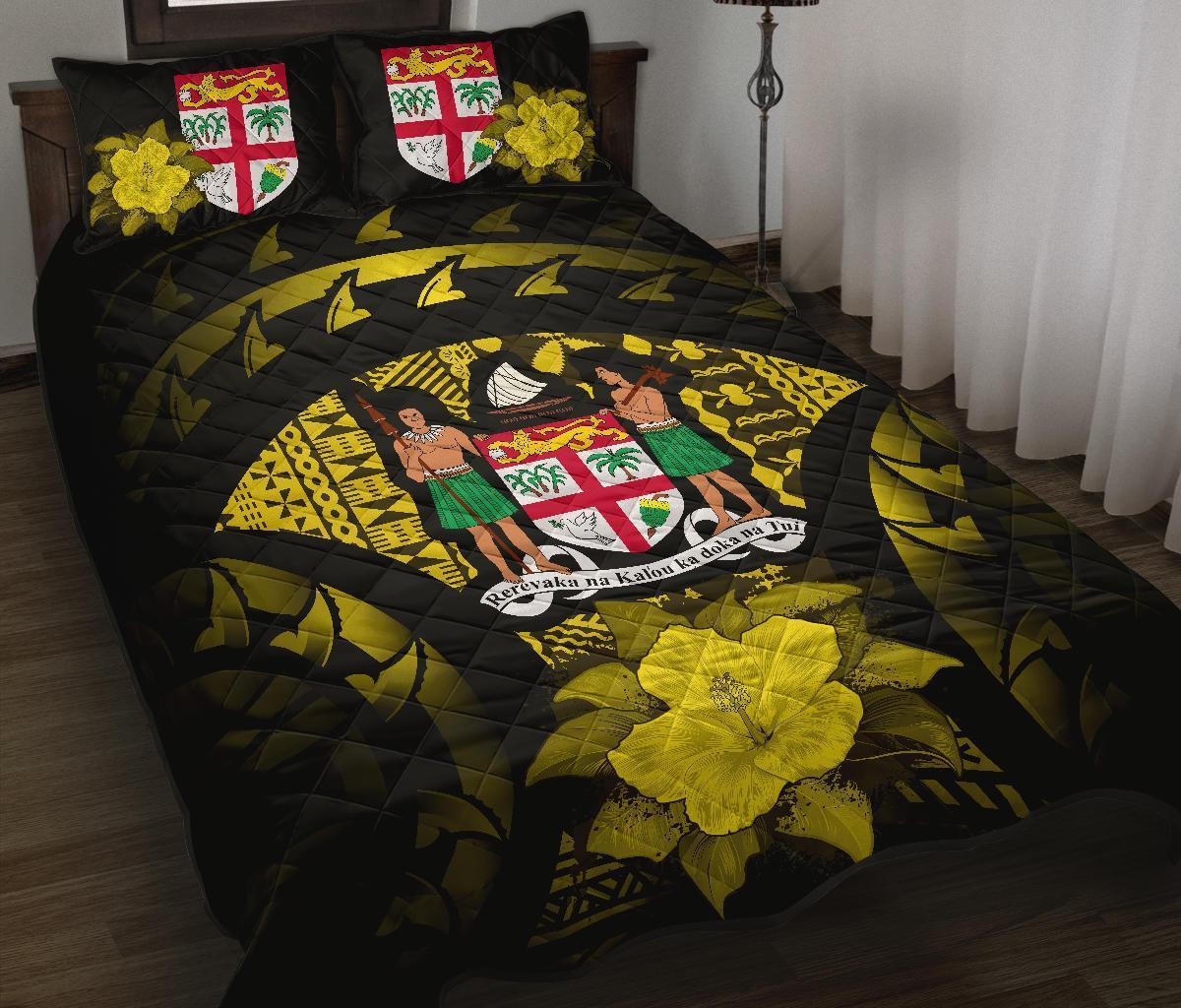 Fiji Polynesian Quilt Bed Set Hibiscus Yellow Black - Polynesian Pride