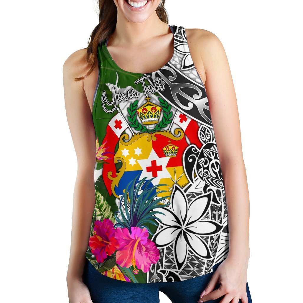 Tonga Custom Personalised Women's Racerback Tank White - Turtle Plumeria Banana Leaf - Polynesian Pride