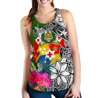 Tonga Custom Personalised Women's Racerback Tank White - Turtle Plumeria Banana Leaf - Polynesian Pride