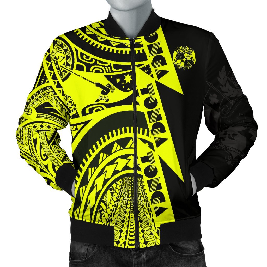 Polynesian Men's Bomber Jackets - Maui Moana Tattoo with Seal Tonga Yellow - Polynesian Pride