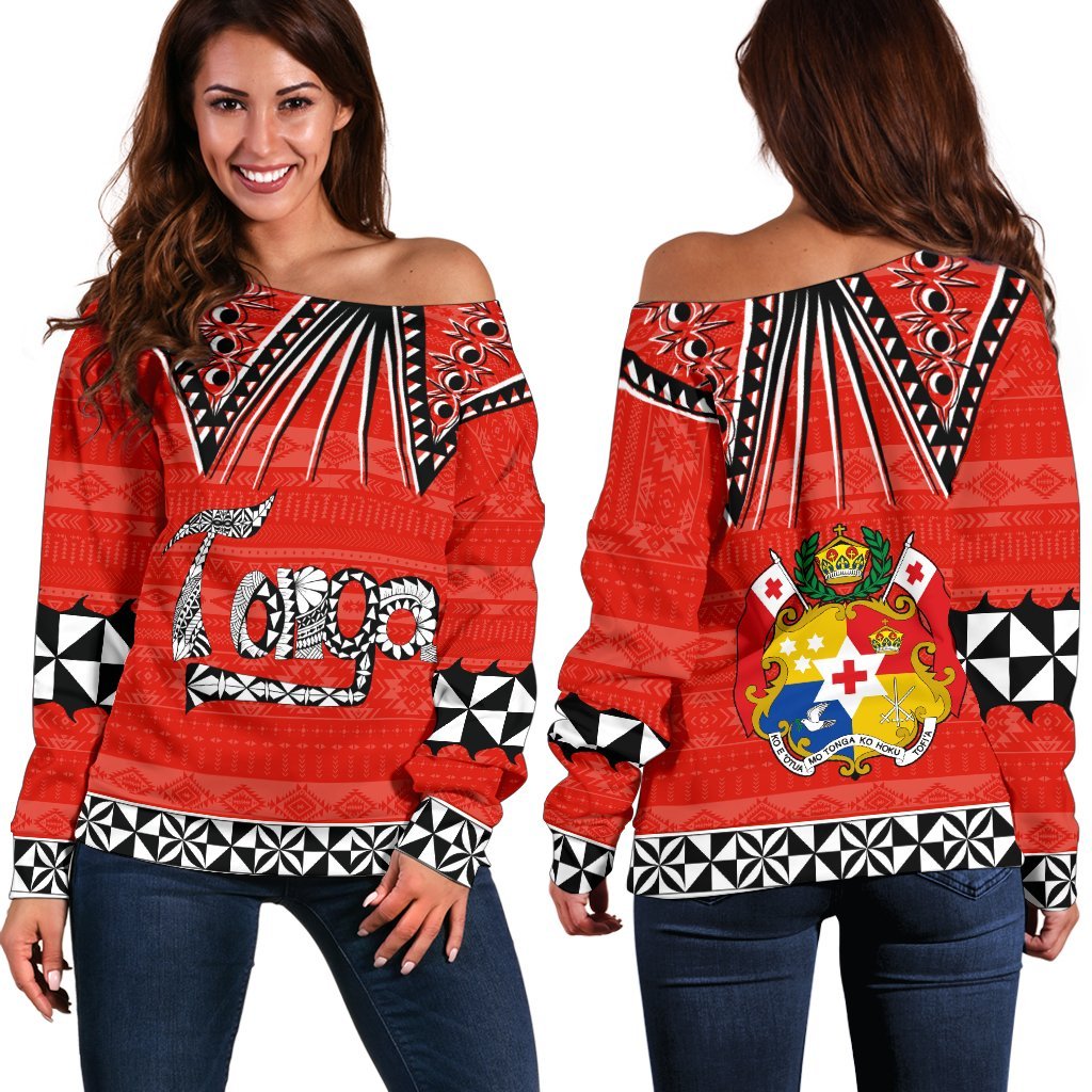 Coat of Arms Tonga Off Shoulder Sweater K4 Red - Polynesian Pride