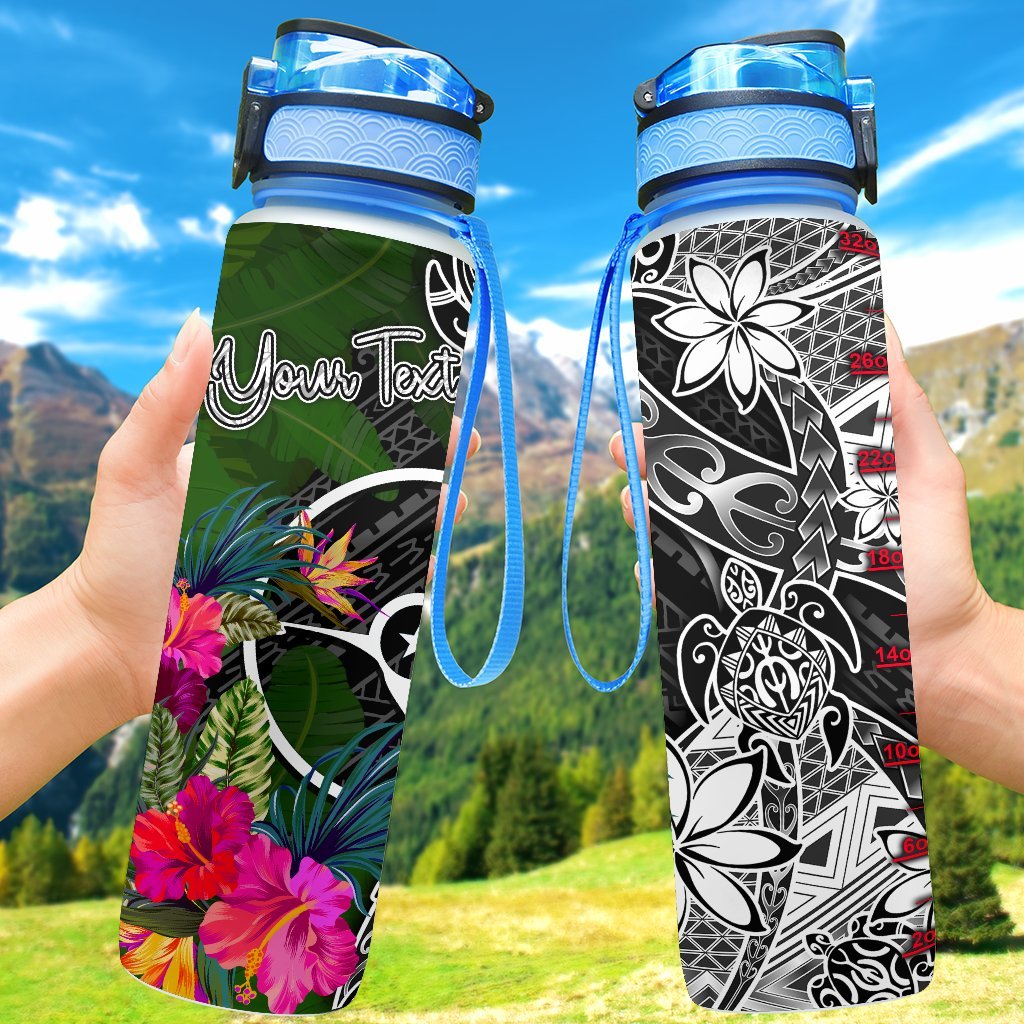 Yap Custom Personalised Hydro Tracking Bottle - Turtle Plumeria Banana Leaf Hydro Tracking Bottle 32oz Large Black - Polynesian Pride