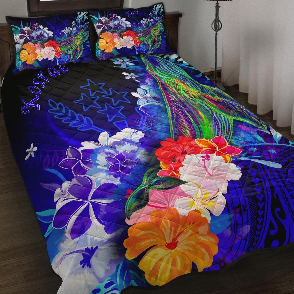 Kosrae Quilt Bed Set - Humpback Whale with Tropical Flowers (Blue) Blue - Polynesian Pride